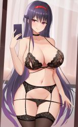 Rule 34 | 1girl, :q, absurdres, areola slip, black bra, black choker, black garter belt, black panties, black thighhighs, bra, breasts, cellphone, choker, collarbone, commission, curvy, garter belt, groin, hairband, hamidashi creative, hand up, highres, holding, holding phone, kamakura shio, lace, lace-trimmed bra, lace-trimmed panties, lace trim, large breasts, licking lips, long hair, navel, panties, panty pull, phone, pixiv commission, pulling own clothes, purple hair, red eyes, red hairband, revision, selfie, smartphone, solo, stomach, thighhighs, tongue, tongue out, ultra-13, underwear, underwear only, very long hair, wide hips