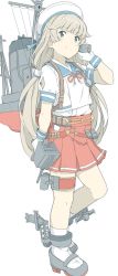 Rule 34 | 1girl, adapted turret, blue sailor collar, cannon, depth charge, full body, green eyes, grey footwear, grey hair, hat, highres, hip vent, kantai collection, long hair, low twintails, machinery, mary janes, mikura (kancolle), ninimo nimo, panties, pleated skirt, puffy short sleeves, puffy sleeves, red skirt, sailor collar, sailor hat, school uniform, serafuku, shoes, short sleeves, simple background, skirt, smokestack, solo, standing, turret, twintails, underwear, white background, white legwear, white panties