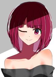 Rule 34 | 1girl, amasu, arima kana, bare shoulders, black dress, blunt bangs, closed mouth, collarbone, commentary, dress, highres, no pupils, off-shoulder dress, off shoulder, one eye closed, oshi no ko, red eyes, red hair, shaded face, short hair, solo