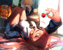 Rule 34 | 1boy, 1girl, blonde hair, breasts, candy, chainsaw man, curtains, demon, demon girl, denji (chainsaw man), eating, food, halloween, large breasts, lolipop, lollipop, medium breasts, offering, offering food, offering to viewer, office clothing, office lady, pan da6069, power (chainsaw man), pumpkin, sharp teeth, shounen jump, skirt, skirt down, smile, teeth, thick thighs, thighs, trick or treat