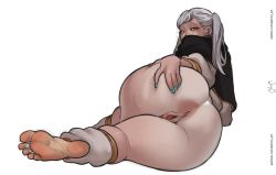 Rule 34 | 1girl, anus, ashino art, ass, pussy, barefoot, black clover, earrings, feet, female focus, feet, highres, jewelry, looking back, lying, on side, nail polish, noelle silva, on side, presenting, presenting anus, purple eyes, pussy, silver hair, soles, spread ass, thick thighs, thighs, toes, twintails, white hair