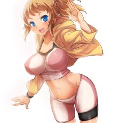 Rule 34 | 10s, 1girl, absurdres, bike shorts, blue eyes, blush, breasts, brown hair, gundam, gundam build fighters, gundam build fighters try, highres, hoshino fumina, jacket, large breasts, looking at viewer, md5 mismatch, midriff, navel, open mouth, oshiruko (tsume), ponytail, resolution mismatch, short hair, smile, solo, source smaller, sports bra, two-tone sports bra
