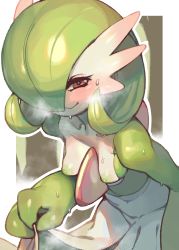 Rule 34 | 1girl, blush, breasts, breath, closed mouth, collarbone, colored skin, creatures (company), female focus, furry, furry female, game freak, gardevoir, gen 3 pokemon, gloss (hotglossed), green hair, green skin, hair over one eye, half-closed eyes, hand up, highres, leaning forward, looking at viewer, multicolored skin, nintendo, nipples, nose blush, outline, pokemon, pokemon (creature), red eyes, seductive smile, shiny skin, short hair, small breasts, smile, solo, standing, steam, steaming body, sweat, two-tone skin, white outline, white skin