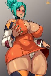 Rule 34 | 1girl, absurdres, areola slip, blush, breasts, breath, cerebella (skullgirls), clothes lift, covered clitoris, covered erect nipples, covered navel, cowboy shot, dark-skinned female, dark skin, eyeshadow, grabbing own breast, green hair, green lips, green nails, grey background, highres, jmg, large breasts, lifted by self, looking down, makeup, muscular legs, nail polish, no headwear, panties, parted lips, ponytail, skirt, skirt lift, skullgirls, smile, solo, sweat, thick thighs, thighs, underwear, wide hips