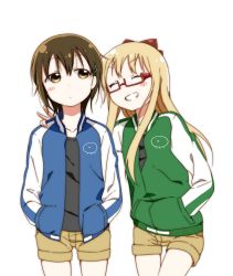 Rule 34 | &gt; &lt;, 2girls, :d, > <, bespectacled, blonde hair, brown eyes, brown hair, casual, expressionless, closed eyes, funami yui, glasses, hair ornament, hairclip, hand in pocket, hands in pockets, highres, jacket, letterman jacket, multiple girls, namori (fictional persona), one-armed hug, open mouth, red-framed eyewear, shigure (sigre), shorts, smile, thigh gap, toshinou kyouko, v, xd, yuru yuri
