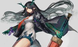 Rule 34 | 1girl, arknights, arm tattoo, bead bracelet, beads, black jacket, bracelet, cleavage cutout, clothing cutout, colored skin, commentary, cowboy shot, dragon horns, dress, dusk (arknights), floating hair, green skin, grey background, hair over one eye, highres, holding, holding sword, holding weapon, horns, jacket, jewelry, looking at viewer, nashidrop, open clothes, open jacket, parted lips, pointy ears, red eyes, red neckwear, simple background, sketch, solo, sword, tattoo, weapon, white dress