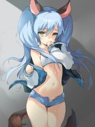 Rule 34 | 1girl, animal ears, bikini, bikini top only, blue hair, blush, brown eyes, collarbone, covering own mouth, dog ears, elin, emily (pure dream), flat chest, jacket, long hair, midriff, navel, off shoulder, panties, short shorts, shorts, solo, striped clothes, striped panties, swimsuit, tail, tera online, thigh gap, twintails, unbuttoned, underwear