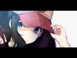Rule 34 | 1girl, bad id, bad pixiv id, baseball cap, black hair, blue eyes, closed mouth, commentary, creatures (company), expressionless, eyelashes, game freak, hand on headwear, hand up, hat, highres, hilda (pokemon), letterboxed, long hair, looking to the side, melon syrup, nintendo, pokemon, pokemon bw, portrait, sidelocks, solo, white background