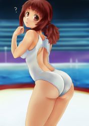 Rule 34 | 10s, 1girl, ?, ass, bare shoulders, blush, breasts, brown eyes, brown hair, competition swimsuit, keijo!!!!!!!!, large breasts, long hair, looking back, looking down, low twintails, matching hair/eyes, one-piece swimsuit, pool, shinba (sunko1044), short twintails, sideboob, solo, swimsuit, toyoguchi non, twintails, white one-piece swimsuit