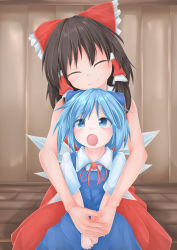 Rule 34 | 2girls, :o, ^ ^, absurdres, black hair, blue dress, blue eyes, blue hair, bow, cirno, closed eyes, dress, closed eyes, hair bow, hair tubes, hakurei reimu, happy, head on head, head tilt, highres, hug, hug from behind, looking up, multiple girls, neck ribbon, open mouth, own hands together, red ribbon, ribbon, short sleeves, shou (ahiru shinobu), sitting, sitting on lap, sitting on person, sleeveless, smile, touhou