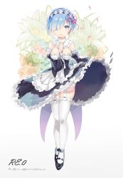 Rule 34 | 10s, 1girl, bad id, bad pixiv id, black dress, black footwear, blue eyes, blue hair, blush, collar, copyright name, detached sleeves, dress, floral background, frilled collar, frills, full body, garter straps, grey background, highres, looking at viewer, maid, maid headdress, mary janes, nuudoru, parted lips, re:zero kara hajimeru isekai seikatsu, rem (re:zero), shoes, short hair, simple background, solo, standing, thighhighs, white thighhighs