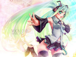 Rule 34 | 1girl, :d, ahoge, aqua nails, armpits, bare shoulders, black skirt, black thighhighs, blue necktie, breasts, character name, copyright name, detached sleeves, green hair, hatsune miku, headphones, long hair, long sleeves, nail polish, navel, necktie, open mouth, outstretched arms, pleated skirt, scarlet (studioscr), shirt, sideboob, skirt, sleeveless, sleeveless shirt, smile, solo, thighhighs, twintails, very long hair, vocaloid, zettai ryouiki, zipper