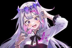 Rule 34 | 1girl, bracelet, colored inner hair, crazy eyes, crazy smile, crown, earrings, fork, grey hair, hair between eyes, hair flaps, hand in own hair, highres, holding, holding fork, hololive, hololive english, jewelry, koseki bijou, long hair, looking at viewer, multicolored hair, necklace, open mouth, purple eyes, shirt, sidelocks, smile, splatter, stained clothes, star (symbol), star earrings, star necklace, virtual youtuber, white shirt, yunnies