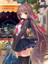 Rule 34 | 1girl, absurdres, bag, bicycle, black thighhighs, braid, breasts, brown eyes, brown hair, cardigan, french braid, from side, hair ornament, hairclip, highres, kankurou, long hair, looking at viewer, medium breasts, midriff, neckerchief, open mouth, original, outdoors, pleated skirt, red neckerchief, ribbon, school uniform, serafuku, shirt, skirt, solo, storefront, thighhighs, v arms, very long hair, wind, wind lift, zettai ryouiki