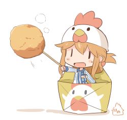 Rule 34 | 10s, 1girl, animal hat, artist name, bird, blush stickers, brown hair, chicken, chicken (food), chicken hat, commentary request, employee uniform, folded ponytail, food, hanomido, hat, inazuma (kancolle), kantai collection, lawson, mini person, minigirl, open mouth, signature, simple background, solid eyes, solo, uniform, white background, | |