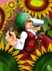 Rule 34 | 1girl, ascot, belt, dated, evil smile, female focus, flower, kazami yuuka, laughing, plaid, plaid skirt, plaid vest, red eyes, skirt, skirt set, smile, solo, sunflower, touhou, vest, yandere, yellow ascot, you gonna get raped