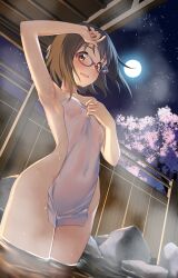 Rule 34 | 1girl, arm up, armpits, blush, breasts, brown hair, cherry blossoms, covered navel, covering privates, full moon, glasses, highres, idolmaster, idolmaster cinderella girls, ka (reonkat), kamijo haruna, looking afar, moon, night, night sky, nude cover, onsen, red-framed eyewear, rock, sky, small breasts, smile, solo, steam, towel, wading, water drop, white towel, wooden wall