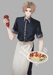 Rule 34 | 1boy, alternate costume, animification, apron, avataro sentai donbrothers, black pants, blonde hair, cowboy shot, doran (doran7280), food, glowing, grey background, highres, ketchup, ketchup bottle, light smile, looking at viewer, male focus, momoi taro, official alternate costume, omelet, omurice, pants, red eyes, serving, sparkle, super sentai, working