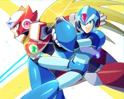 Rule 34 | 2boys, anniversary, arm cannon, armor, blonde hair, blue armor, blue eyes, chest jewel, commentary, energy sword, feet out of frame, forehead jewel, from side, glint, green eyes, helmet, holding, holding sword, holding weapon, long hair, looking at viewer, mega man (series), mega man x (series), multiple boys, ponytail, red armor, signature, simple background, smile, sword, sznami129, weapon, white background, x (mega man), z saber, zero (mega man)