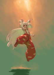 Rule 34 | 1girl, bow, female focus, fire, fujiwara no mokou, hair bow, inishie kumo, jumping, long hair, long sleeves, outstretched arm, pants, pointing, red eyes, reflection, shirt, solo, suspenders, touhou, very long hair, white hair
