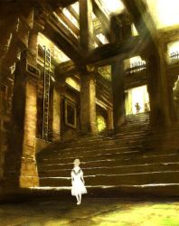 Rule 34 | 1boy, 1girl, arch, architecture, barefoot, blonde hair, dress, full body, ico, ico (character), ladder, light rays, looking at viewer, lowres, natural lighting, opencanvas (medium), pillar, raibura, ruins, scenery, short hair, stairs, standing, sunlight, toes, very wide shot, white dress, yorda