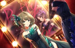 Rule 34 | 2girls, artist request, bare shoulders, blue dress, bow, breasts, brown hair, cleavage, dress, dutch angle, earrings, elbow gloves, feathers, gem, gloves, green dress, green eyes, green gemstone, hair bow, hair ornament, hayami kanade, highres, idolmaster, idolmaster cinderella girls, idolmaster cinderella girls starlight stage, jewelry, lace, light smile, looking at viewer, makeup, medium breasts, mirror, mirrored text, mole, mole under eye, multiple girls, mysterious eyes (idolmaster), necklace, official art, parted bangs, pretty liar (idolmaster), short hair, side slit, sleeveless, sleeveless dress, smile, standing, takagaki kaede