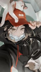 Rule 34 | 1girl, air jordan, baseball cap, black hoodie, blurry, blurry background, brown hair, cat, closed mouth, gradient hair, hat, headphones, headphones removed, highres, holding, holding clothes, holding hat, hood, hoodie, keki chogyegi, kitten, looking at viewer, mask, medium hair, mouth mask, multicolored hair, one eye closed, original, outstretched arm, red headwear, selfie, sidelocks, slit pupils, smile, tongue, tongue out, translation request, yellow eyes, zipper