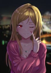 Rule 34 | 1girl, ;), blonde hair, blue earrings, blurry, blurry background, blush, breasts, cleavage, collarbone, fingernails, garugarubesu, glint, highres, idolmaster, idolmaster million live!, jewelry, long hair, looking at viewer, medium breasts, momose rio, nail polish, necklace, night, one eye closed, outdoors, pink shirt, red eyes, shirt, sidelocks, smile, solo, straight hair, upper body