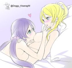 Rule 34 | 10s, 2girls, ayase eli, bad id, bad twitter id, bed sheet, blonde hair, blue eyes, blush, breast sucking, breasts, female focus, finger in another&#039;s mouth, green eyes, kisaragi mizu, long hair, love live!, love live! school idol project, multiple girls, open mouth, ponytail, purple hair, smile, sweatdrop, tojo nozomi, twintails, yuri