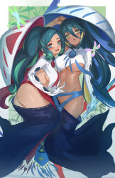 Rule 34 | 2girls, :d, :o, absurdres, alternate breast size, ass, blonde hair, blue hair, breasts, cleavage, commentary, dark-skinned female, dark skin, english commentary, eyelashes, fate/grand order, fate (series), gloves, green hair, highres, holding, holding weapon, ichimegasa, large breasts, long hair, miaosu, multicolored hair, multiple girls, nakayoshi saber, open mouth, siblings, single glove, single sleeve, sisters, smile, streaked hair, trung nhi (fate), trung trac (fate), underboob, vietnamese dress, wavy hair, weapon, white gloves, white headwear