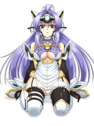 Rule 34 | 00s, 1girl, android, blue hair, boots, breasts, cleavage, elbow gloves, garter belt, gloves, kneeling, kos-mos, kos-mos ver. 4, large breasts, long hair, purple hair, red eyes, seiza, sitting, solo, syunzou, thigh boots, thighhighs, underboob, xenosaga, xenosaga episode iii
