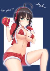 Rule 34 | 1girl, ahoge, alternate costume, bikini, black hair, blue background, blush, bow, box, breasts, character name, christmas, cleavage, closed mouth, commentary request, cowboy shot, cropped shirt, curvy, english text, eyelashes, fur-trimmed bikini, fur-trimmed gloves, fur-trimmed shirt, fur-trimmed shorts, fur-trimmed sleeves, fur trim, gift, gift box, gloves, green eyes, groin, hair between eyes, hair bow, hair ornament, hairband, hands up, highres, hitachi mako, holding, holding box, knee up, large breasts, looking at viewer, midriff, navel, open clothes, open shirt, paid reward available, pom pom (clothes), pom pom hair ornament, red bikini, red bow, red gloves, red hairband, red shirt, red shorts, ribbon, rio (lio yuzu), santa costume, santa gloves, senren banka, shirt, short hair with long locks, short sleeves, shorts, smile, solo, stomach, swimsuit, thighs, two-tone background, white background, yellow ribbon