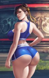 Rule 34 | 1girl, ass, ass focus, breasts, capcom, chun-li, cowboy shot, flowerxl, hair ornament, hand on own hip, huge ass, huge breasts, large breasts, looking at viewer, ribbon, scenery, skin tight, smile, solo, sports bra, street fighter, tagme, thick thighs, thighs, underwear