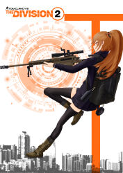 Rule 34 | 1girl, absurdres, ai ax rifle, anti-materiel rifle, arrow (symbol), backpack, bag, bipod, black bag, black footwear, black scrunchie, black thighhighs, blue jacket, blue shorts, boots, border, bottle, brown footwear, brown ribbon, building, chinese commentary, circle, cityscape, closed mouth, collared jacket, commentary, commentary request, copyright name, english commentary, from side, full body, gun, hair ornament, hair ribbon, hair scrunchie, highres, holding, holding gun, holding weapon, jacket, leaning back, leg up, logo, long sleeves, looking afar, looking to the side, mengxin v5, mixed-language commentary, multicolored background, muzzle device, orange background, orange hair, original, ponytail, red eyes, ribbon, rifle, round border, scope, scrunchie, shorts, silhouette, sniper rifle, solo, thighhighs, tom clancy&#039;s the division 2, two-tone footwear, watch, water bottle, weapon, white background, wristwatch, zipper, zipper footwear
