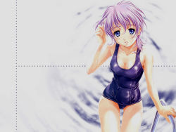 Rule 34 | 00s, 1girl, adjusting hair, blue eyes, blush, breasts, cleavage, head tilt, highres, large breasts, leni milchstrasse, looking at viewer, maruto!, one-piece swimsuit, parted lips, pink hair, pool, pool ladder, purple hair, purple one-piece swimsuit, purple school swimsuit, sakura taisen, sakura taisen ii, school swimsuit, shiny clothes, short hair, solo, swimsuit, thigh gap, wallpaper, water, wet