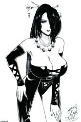 Rule 34 | 1girl, alternate costume, artist name, bare shoulders, bead necklace, beads, breasts, cleavage, closed mouth, collarbone, cowboy shot, detached sleeves, eudetenis, expressionless, final fantasy, final fantasy x, fingernails, greyscale, groin, hair bun, hair ornament, hair over one eye, hair stick, hair strand, hand on own hip, hand on own thigh, highres, jewelry, large breasts, leaning forward, leotard, lips, long hair, looking at viewer, lulu (ff10), monochrome, moogle, necklace, nose, nostrils, signature, simple background, single hair bun, solo, strapless, strapless leotard, stuffed toy, thigh gap, waist cape, white background