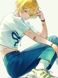 Rule 34 | 1boy, blonde hair, blue pants, bracelet, dog tags, green footwear, hand in pocket, highres, jewelry, limbus company, looking at viewer, necklace, pants, parted lips, project moon, shirt, shoes, short hair, simple background, sinclair (project moon), sneakers, socks, solo, szztzzs, t-shirt, v, white background, white shirt, white socks, yellow eyes, yellow nails