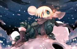 Rule 34 | 1girl, bad id, bad pixiv id, blonde hair, blue pantyhose, boots, building, cold, full moon, gloves, green eyes, hat, moon, night, original, pantyhose, sakaki (noi-gren), scarf, short hair, snow, solo, striped clothes, striped pantyhose