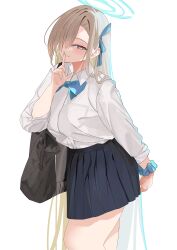 Rule 34 | 1girl, absurdly long hair, absurdres, aqua bow, aqua bowtie, asuna (blue archive), asymmetrical bangs, bag, blue archive, blush, bow, bowtie, feet out of frame, finger to mouth, fingernails, hair over one eye, halo, highres, light brown hair, long bangs, long hair, looking at viewer, nail polish, one eye covered, pleated skirt, school bag, school uniform, scrunchie, shirt, shirt tucked in, simple background, skirt, smile, solo, straight hair, tnr (horiko1525), very long hair, white background, white shirt, wrist scrunchie