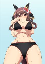 Rule 34 | 1girl, absurdres, alternate costume, animal ears, aqua background, bikini, black bikini, black veil, braid, breast hold, breasts, brown hair, dot nose, ear covers, from below, gentildonna (umamusume), gluteal fold, gold trim, grin, hair between eyes, hand up, highres, horse ears, large breasts, light blush, looking at viewer, looking down, navel, red eyes, shiroganehaku, short hair with long locks, simple background, single braid, single hair intake, smile, sweat, swimsuit, teeth, toned female, umamusume, veil