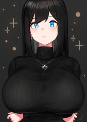 Rule 34 | 1girl, arms under breasts, black hair, black sweater, blue eyes, blush, breast hold, breasts, closed mouth, crossed arms, earrings, hayabusa, highres, huge breasts, jewelry, large breasts, long hair, long sleeves, looking at viewer, necklace, original, ribbed sweater, simple background, solo, sweater, turtleneck, turtleneck sweater, upper body
