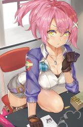 Rule 34 | 1girl, ashu, black gloves, blush, breasts, bullet, chair, cleavage, collarbone, cuffs, eiyuu densetsu, gloves, hair ornament, handcuffs, jacket, jewelry, juna crawford, large breasts, leaning forward, looking at viewer, necklace, parted lips, pink hair, ponytail, sen no kiseki, sen no kiseki iii, solo, v-shaped eyebrows, x hair ornament, yellow eyes