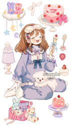 Rule 34 | 1girl, blue bow, blush stickers, bow, bowtie, brown hair, center frills, closed eyes, collar, commentary, commission, crescent, dog, english commentary, eyelashes, eyeshadow, food, fork, frilled pants, frills, fruit, full body, gelatin, hair ornament, hairclip, hand on own foot, heart-shaped cake, highres, holding, holding fork, lace-trimmed collar, lace-trimmed sleeves, lace bow, lace trim, lamp, layered shirt, long sleeves, makeup, mask, mask on head, medium hair, nail polish, navel, no shoes, open mouth, original, pajamas, pants, pink bow, pink eyeshadow, pink nails, pink ribbon, puffy long sleeves, puffy sleeves, puppy, purple bow, purple bowtie, purple collar, purple pajamas, purple pants, purple shirt, putong xiao gou, rabbit hair ornament, ribbon, sample watermark, shirt, sitting, sleep mask, sleeve bow, smile, socks, spoon, star (symbol), strawberry, striped, striped bow, stuffed animal, stuffed rabbit, stuffed toy, teddy bear, toy box, turtleneck, upper body, wariza, watermark, weibo watermark, white background, white bow, white mask, white shirt, white socks