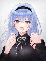 Rule 34 | 1girl, bare shoulders, black hairband, black jacket, black shirt, blue hair, blurry, blush, bow, bowtie, breasts, depth of field, dot nose, grey background, hair between eyes, hairband, hands up, highres, idolmaster, idolmaster shiny colors, idolmaster shiny colors song for prism, jacket, long hair, long sleeves, looking at viewer, medium breasts, off shoulder, open mouth, purple eyes, sakamomo, shirt, simple background, smile, solo, suzuki hana, upper body, white bow, white bowtie