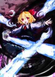 Rule 34 | 1girl, :d, blonde hair, blouse, cloud, cloudy sky, crescent moon, darkness, frilled skirt, frills, hair ribbon, magic, moni (credo), moon, night, open mouth, red eyes, ribbon, rumia, shirt, short hair, skirt, sky, smile, touhou, vest