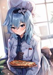 Rule 34 | 1girl, absurdres, black gloves, black hairband, blue hair, blush, chef hat, commentary request, eula (genshin impact), eula (pizza hut) (genshin impact), food, genshin impact, gloves, guzangnanfeng, hair between eyes, hairband, hat, highres, indoors, long sleeves, looking at viewer, medium hair, pizza, shirt, solo, upper body, white headwear, white shirt