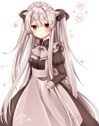 Rule 34 | 1girl, abe suke, apron, black bow, blunt bangs, blush, bow, bowtie, brown dress, collared shirt, commentary request, dress, grey apron, grey bow, grey bowtie, hair between eyes, hair bow, highres, juliet sleeves, long hair, long sleeves, looking at viewer, maid, maid apron, maid headdress, original, parted lips, puffy sleeves, red eyes, shirt, signature, silver hair, simple background, sleeves past wrists, solo, two side up, very long hair, white background