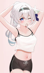 Rule 34 | 1girl, ;), absurdres, alternate hairstyle, armpits, arms up, bare arms, bare shoulders, black hairband, black shorts, blush, camisole, collarbone, commentary, cowboy shot, crop top, crop top overhang, firefly (honkai: star rail), hairband, heart, highres, honkai: star rail, honkai (series), knosdeba, long hair, looking at viewer, midriff, mouth hold, navel, one eye closed, ponytail, purple eyes, shorts, smile, solo, spaghetti strap, standing, stomach, white hair