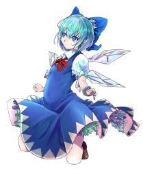 Rule 34 | 1girl, blue eyes, blue hair, blue nails, bow, cirno, dress, flower bracelet, hair bow, hayase kento, ice, ice wings, matching hair/eyes, nail polish, petticoat, pointy ears, short hair, simple background, solo, touhou, transparent background, white background, wings