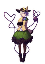 Rule 34 | 1girl, absurdres, black footwear, black hat, black pantyhose, black ribbon, blue eyes, boots, bow, breasts, closed mouth, collared shirt, commentary, cross-laced footwear, frilled skirt, frills, full body, green skirt, hat, hat bow, heart, heart-shaped pupils, heart of string, highres, jacket, komeiji koishi, looking at viewer, miniskirt, neck ribbon, pantyhose, ribbon, shirt, short hair, silver hair, simple background, skirt, sleeves past wrists, small breasts, smile, solo, standing, symbol-shaped pupils, third eye, touhou, white background, white shirt, wing collar, yellow bow, yellow jacket, yongzhe mei hong